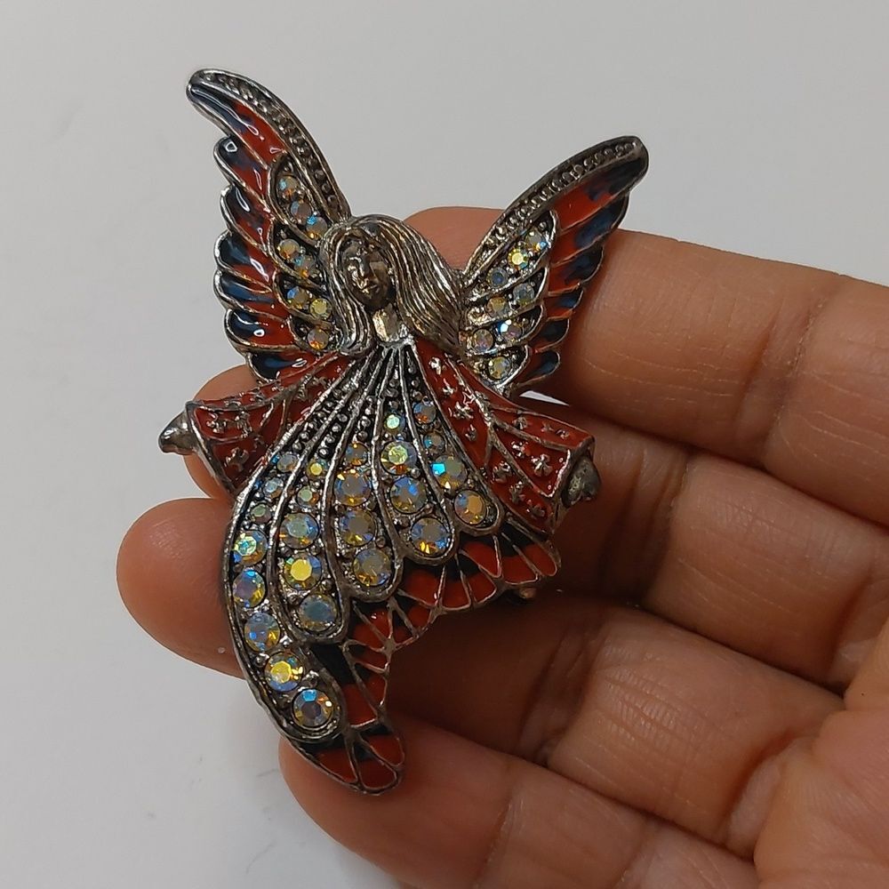 Vintage Art Noveau Enameled and AB Rhinestone Paved Dramatic Angel Brooch Pin